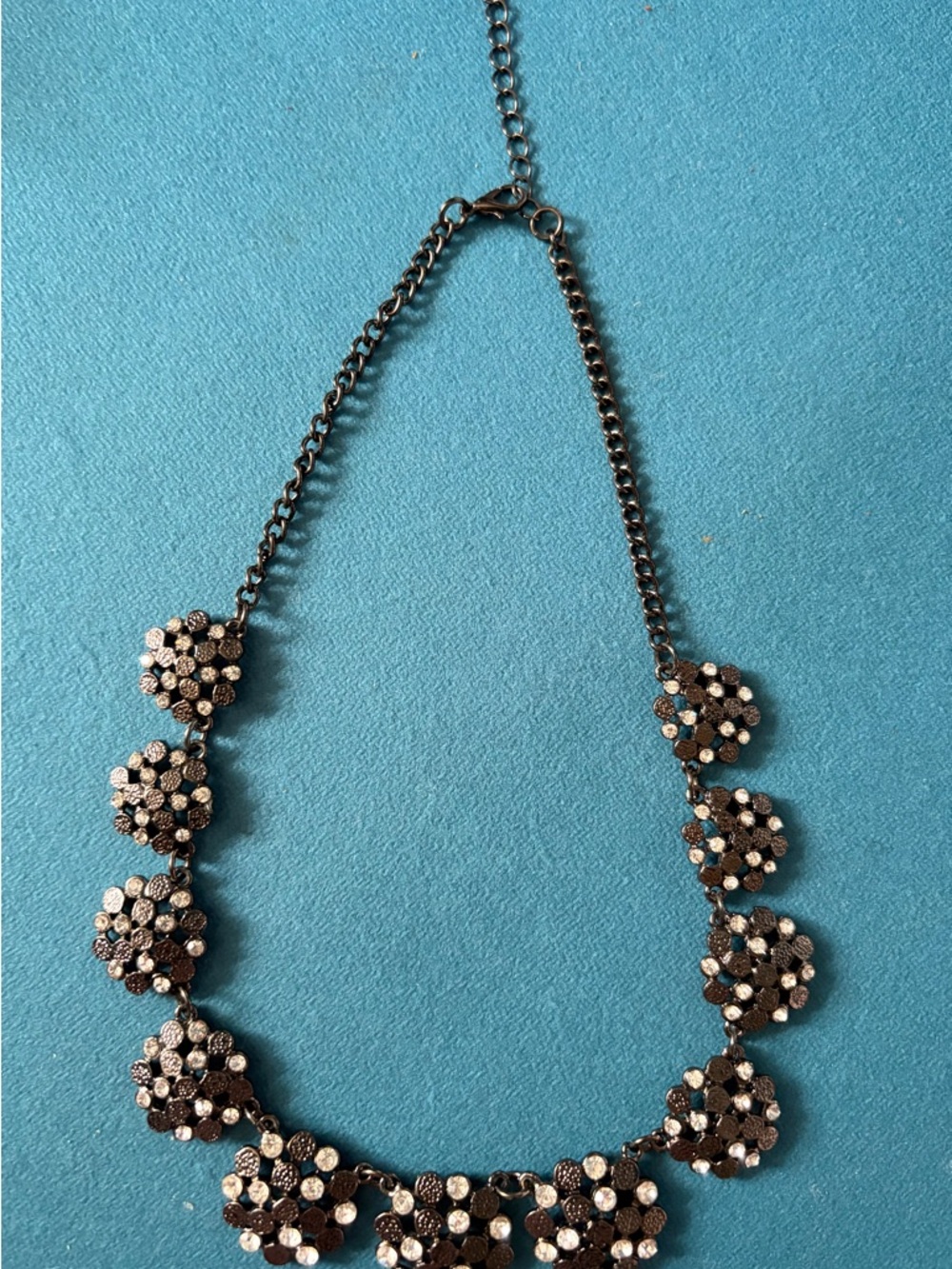 Statement Flower Cluster Necklace in Gunmetal with Clear Stones